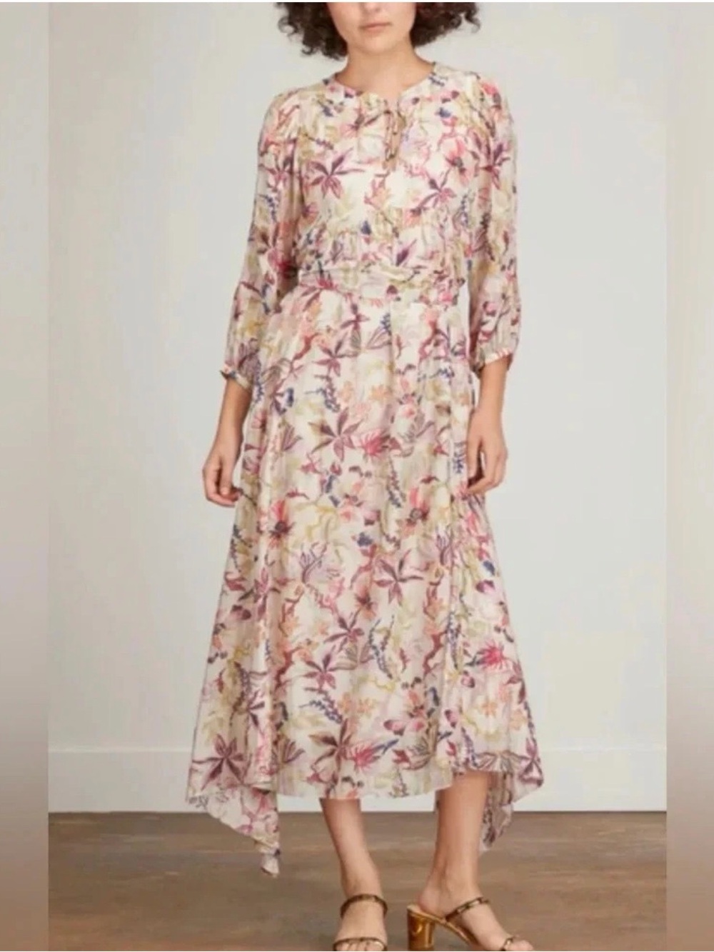 Floral Blush High-Low Midi Dress with Tie Neck